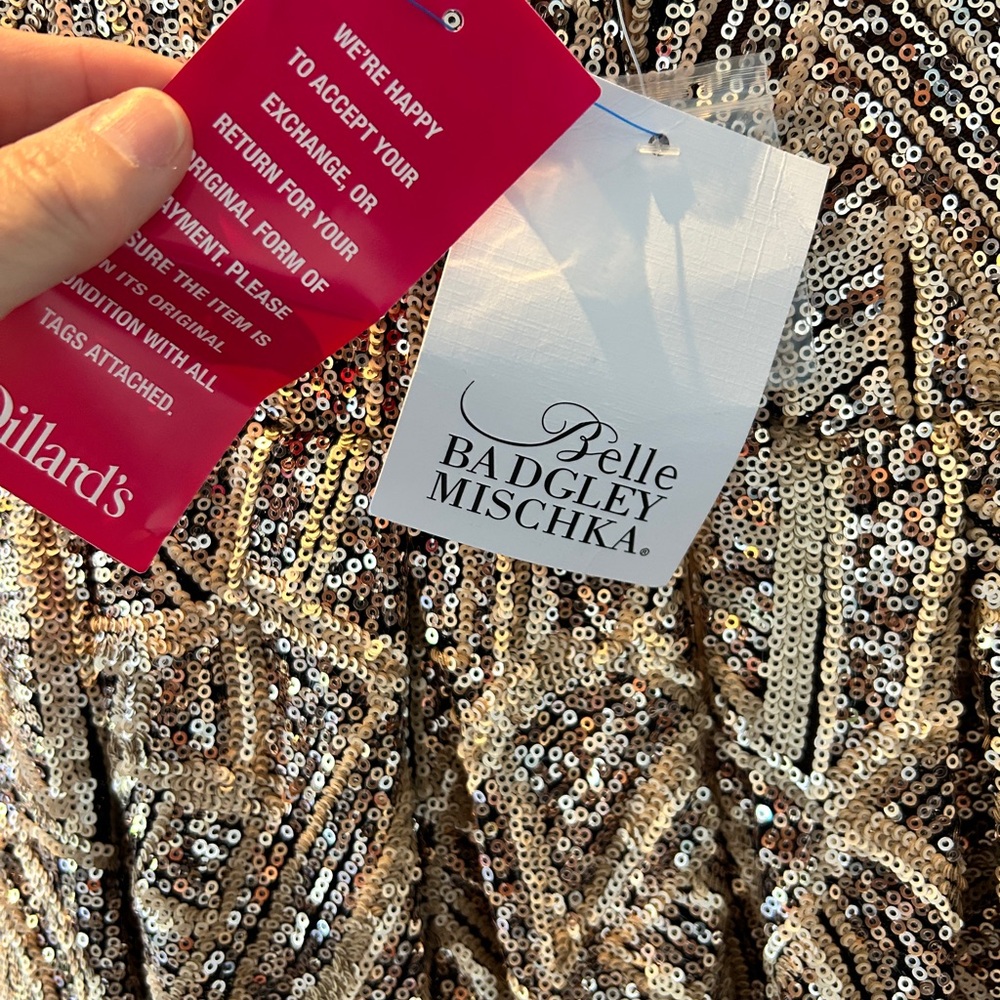 NWT Belle Badgley Mischka gold sequin skater keyhole back dress size 6 - Picture 4 of 7